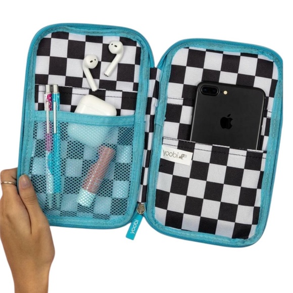 Yoobi Peace Sign Denim Checkerboard Organizer Pencil Case 7 Pocket Zip Around - Picture 2 of 15